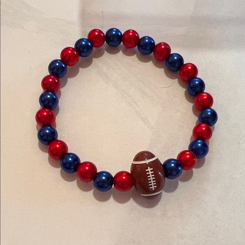 💙❤️🦬 Bills Inspired Beaded Bracelet with Football Charm - Size X-LARGE 10 Inches